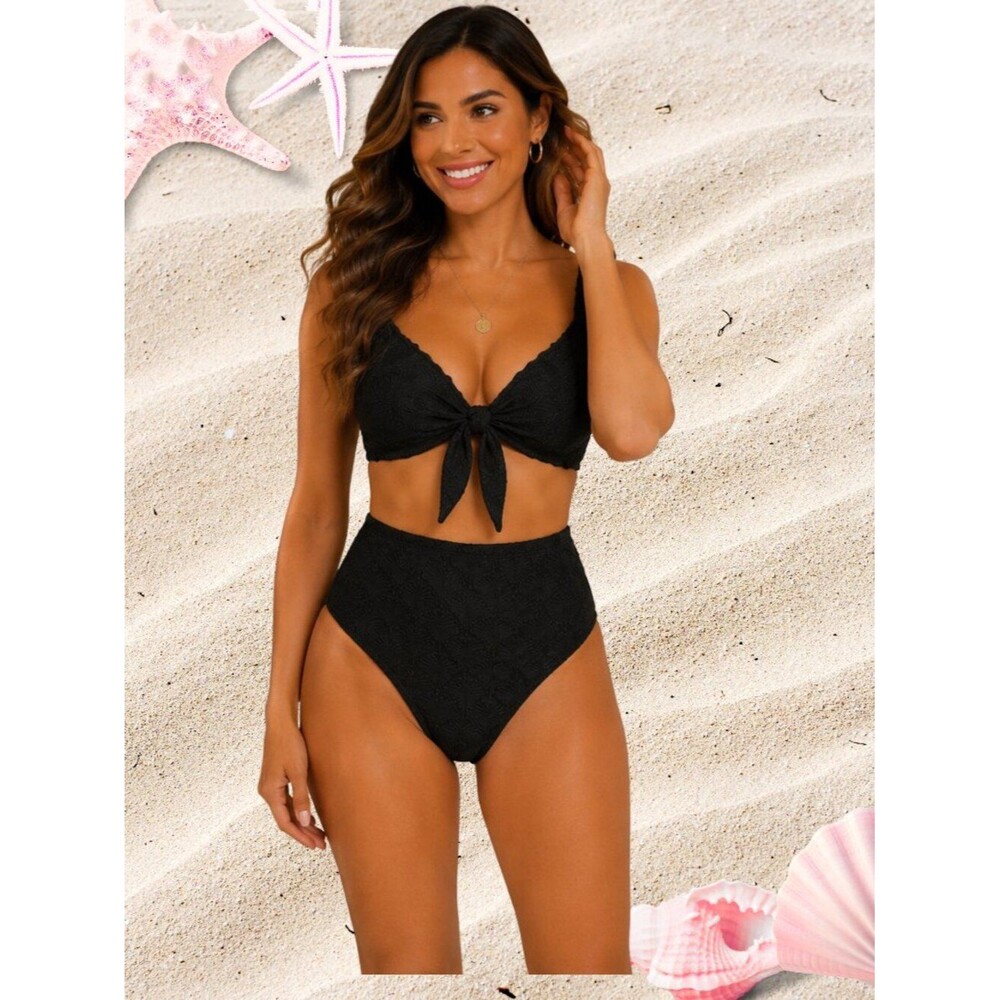 Black Textured Tie-Front Bikini Set - Size L (NWOT)